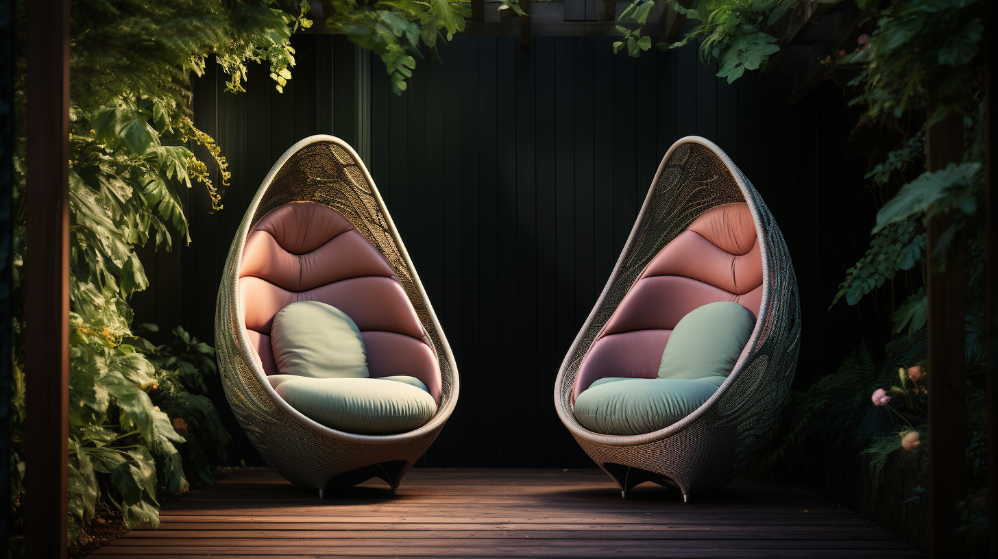 Two cocoon chairs nestled in a lush garden, ready for a quiet conversation
