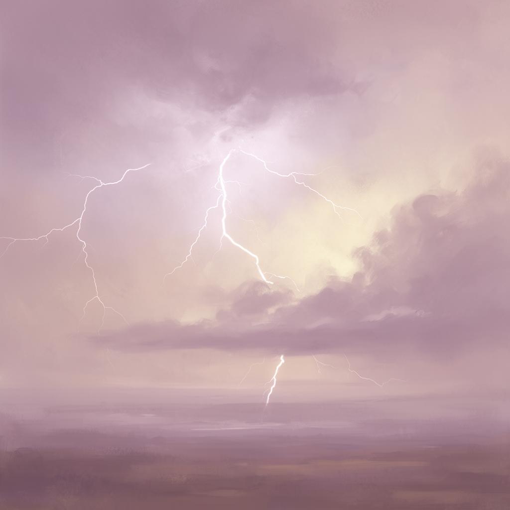 A soft painterly storm with distant lightning in lavender skies
