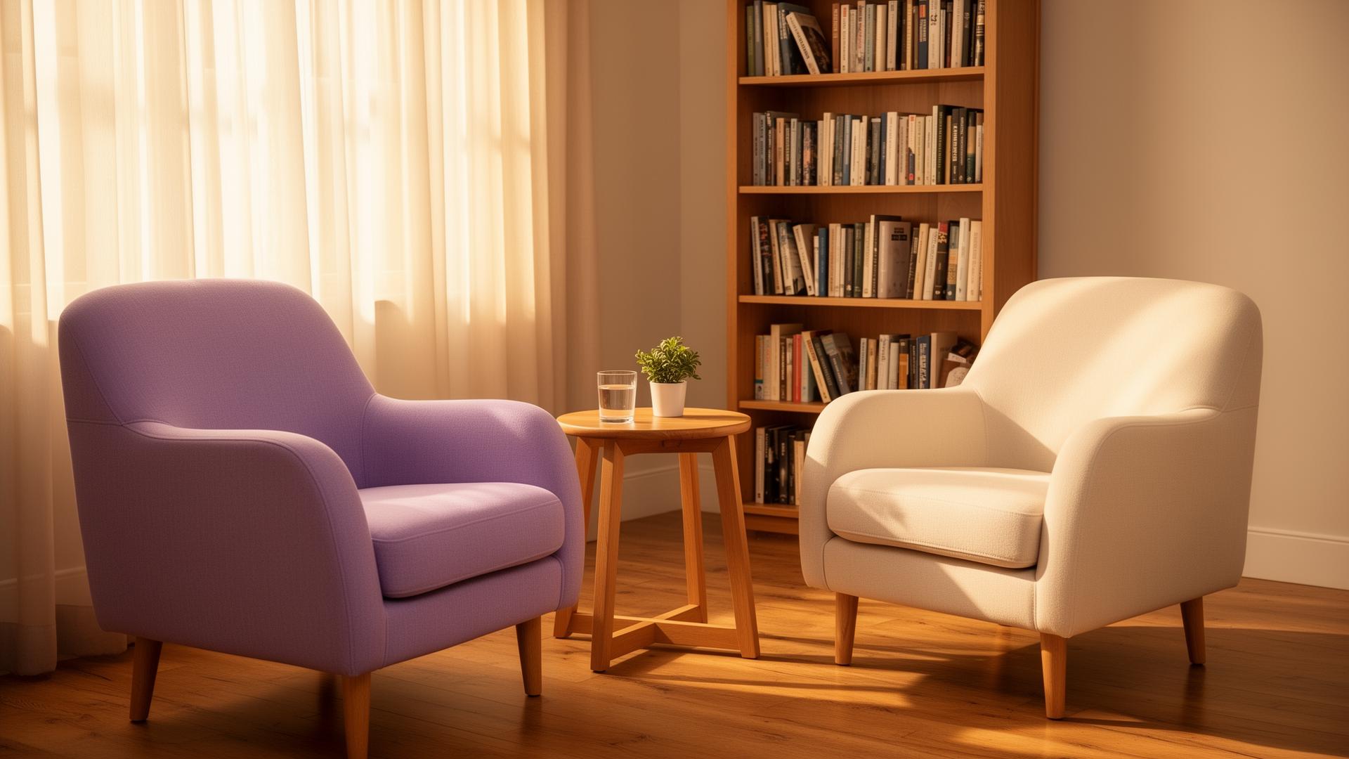 A warm, inviting therapy room with two armchairs, a small wooden table, and a bookshelf